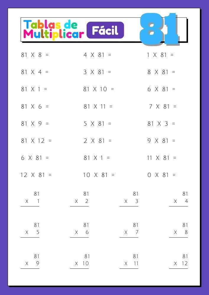 Imágenes con ejercicios para imprimir de la tabla del 81